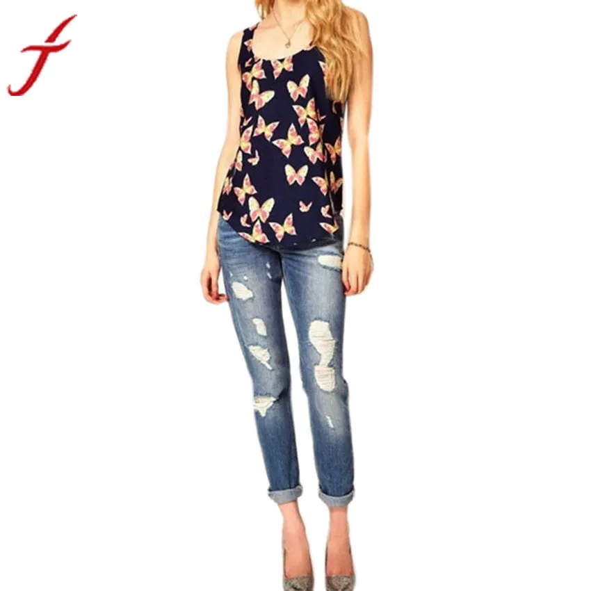 2015 Free shiping Women's Vest Butterfly Print Plus Size S~XXL Sleeveless Chiffon Tank Top Shirts Crew Vest 5size #XL40