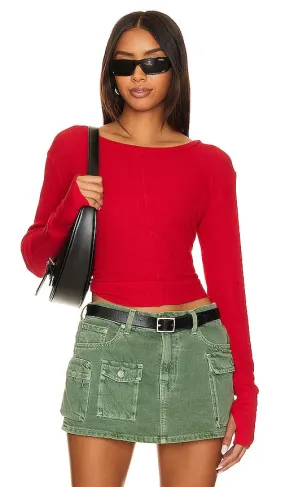 Bobi Cropped Long Sleeve Top in Red