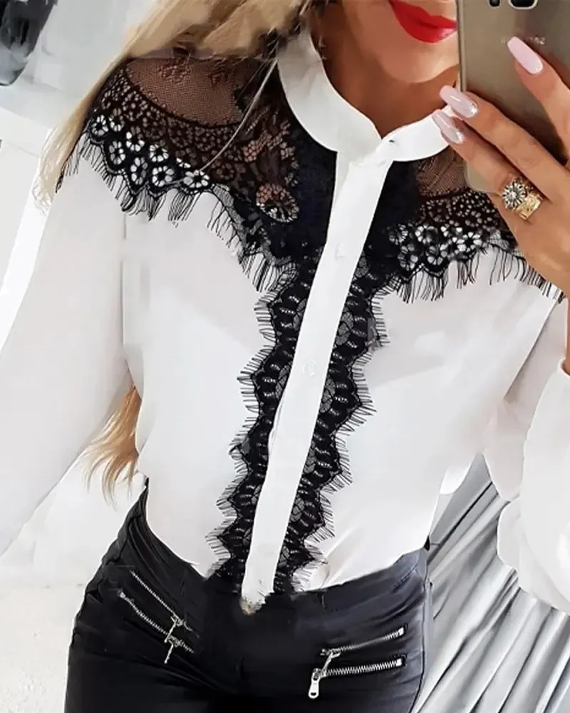 Deanwangkt - Long sleeve button up top with fringed lace patch