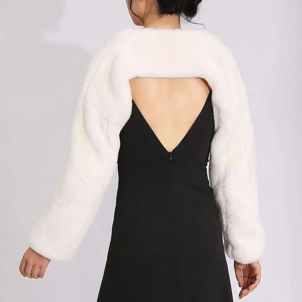 Evening Faux Fur White Bolero Shrug - Long Sleeve Elegance jacket