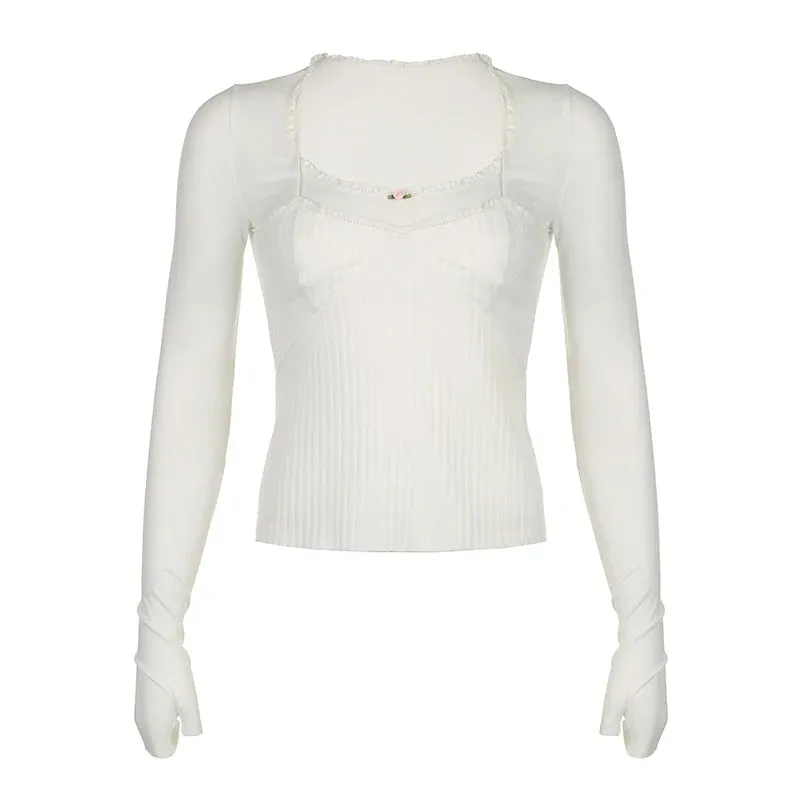 Hotsweet White Knit Women T-shirts Chic Lace Patched Korean Style Coquette Clothes Autumn Tee Top Slim Kawaii Shirts