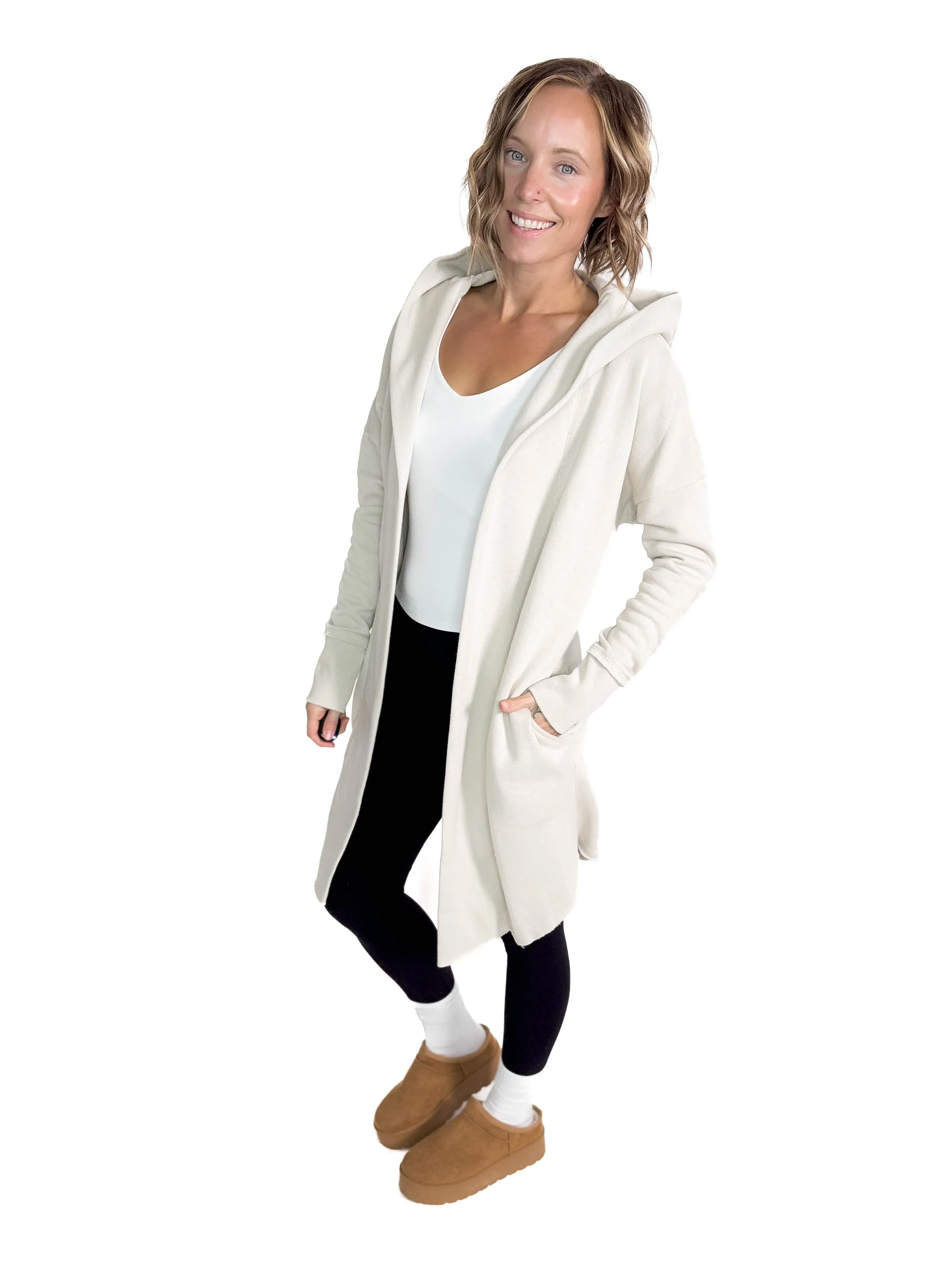 MONO B Whistler Longline Hoodie Cardigan- PALE GREY