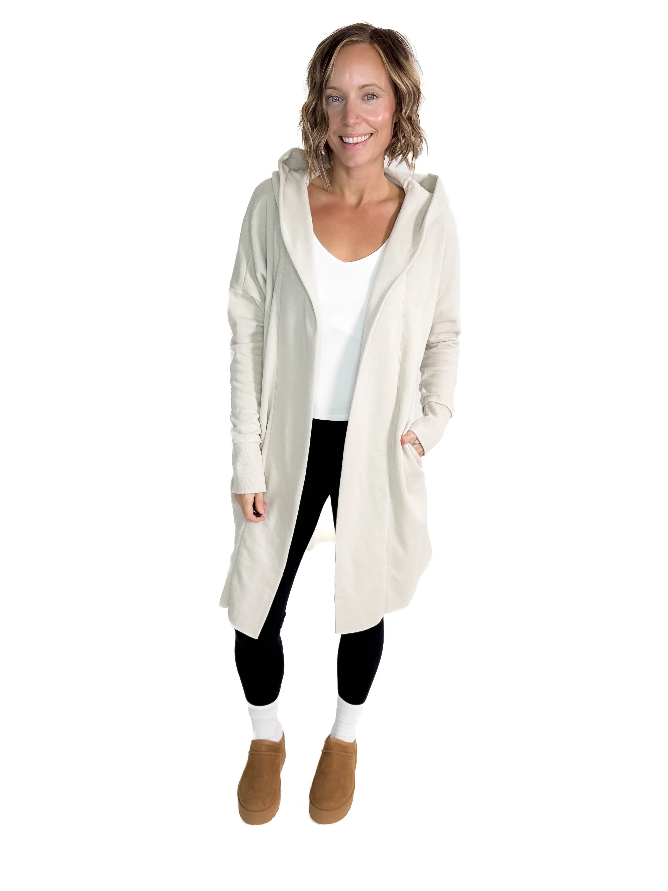 MONO B Whistler Longline Hoodie Cardigan- PALE GREY