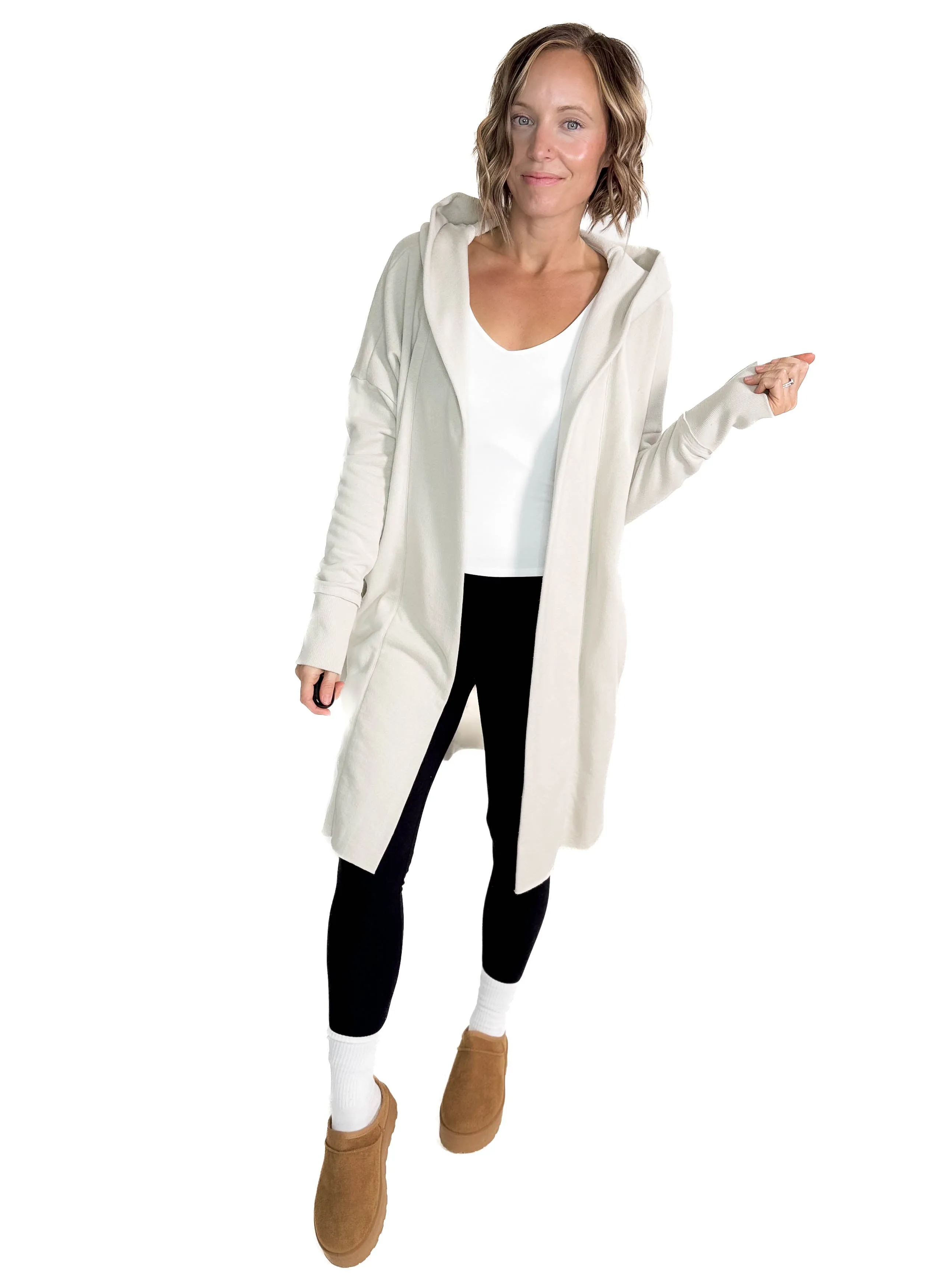 MONO B Whistler Longline Hoodie Cardigan- PALE GREY
